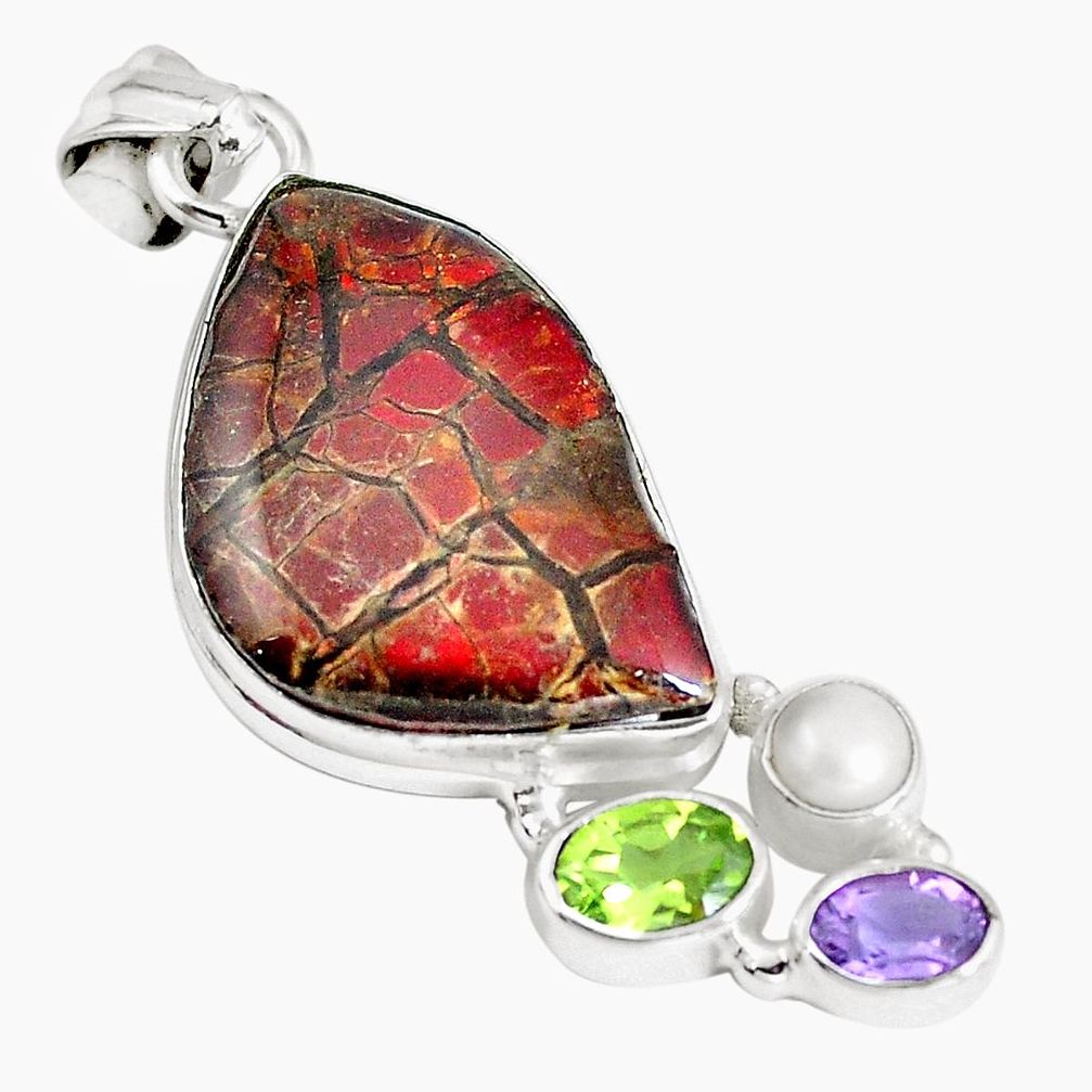 Natural multi color ammolite (canadian) peridot 925 silver pendant m67883