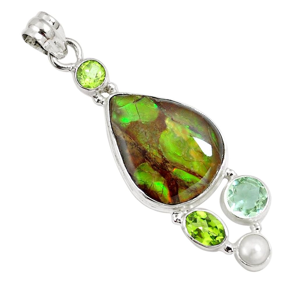 Natural multi color ammolite (canadian) peridot pearl 925 silver pendant m67888