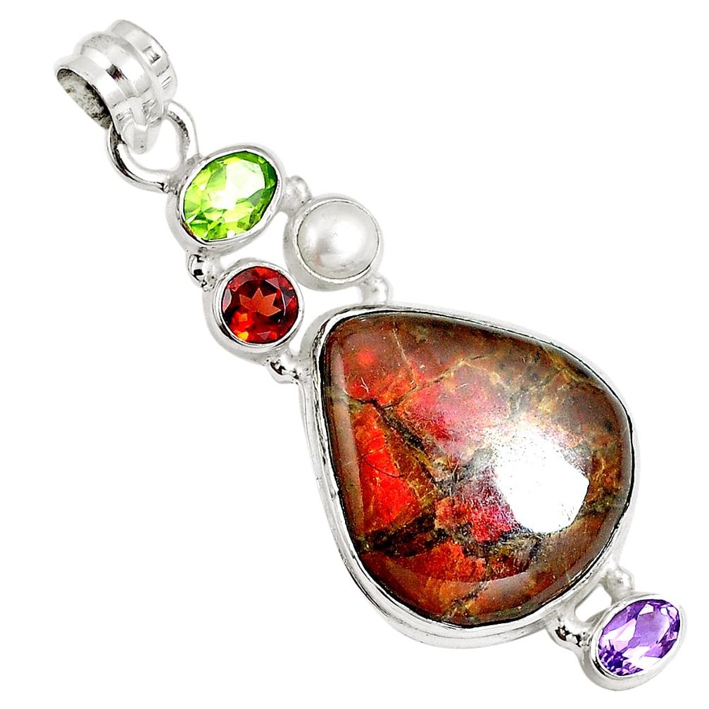 Natural multi color ammolite (canadian) peridot pearl 925 silver pendant m67906