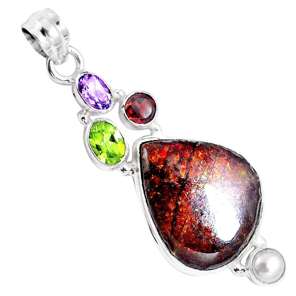 Natural multi color ammolite (canadian) pearl 925 silver pendant m67912