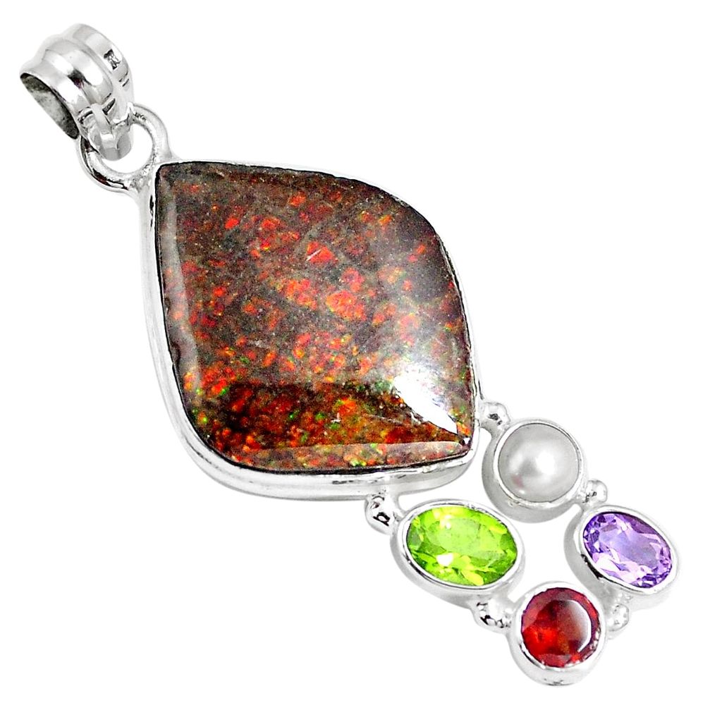 Natural multi color ammolite (canadian) pearl peridot 925 silver pendant m67918