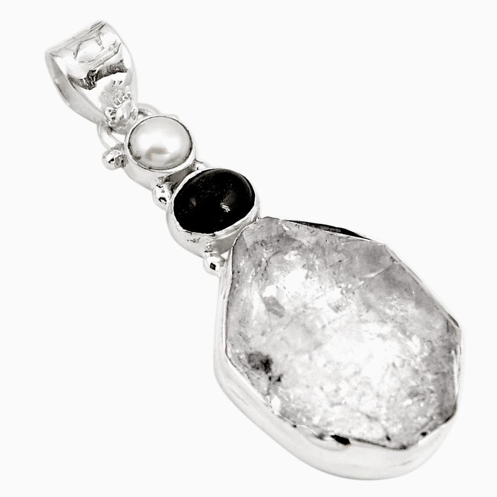 24.38cts natural white herkimer diamond obsidian eye 925 silver pendant m67984