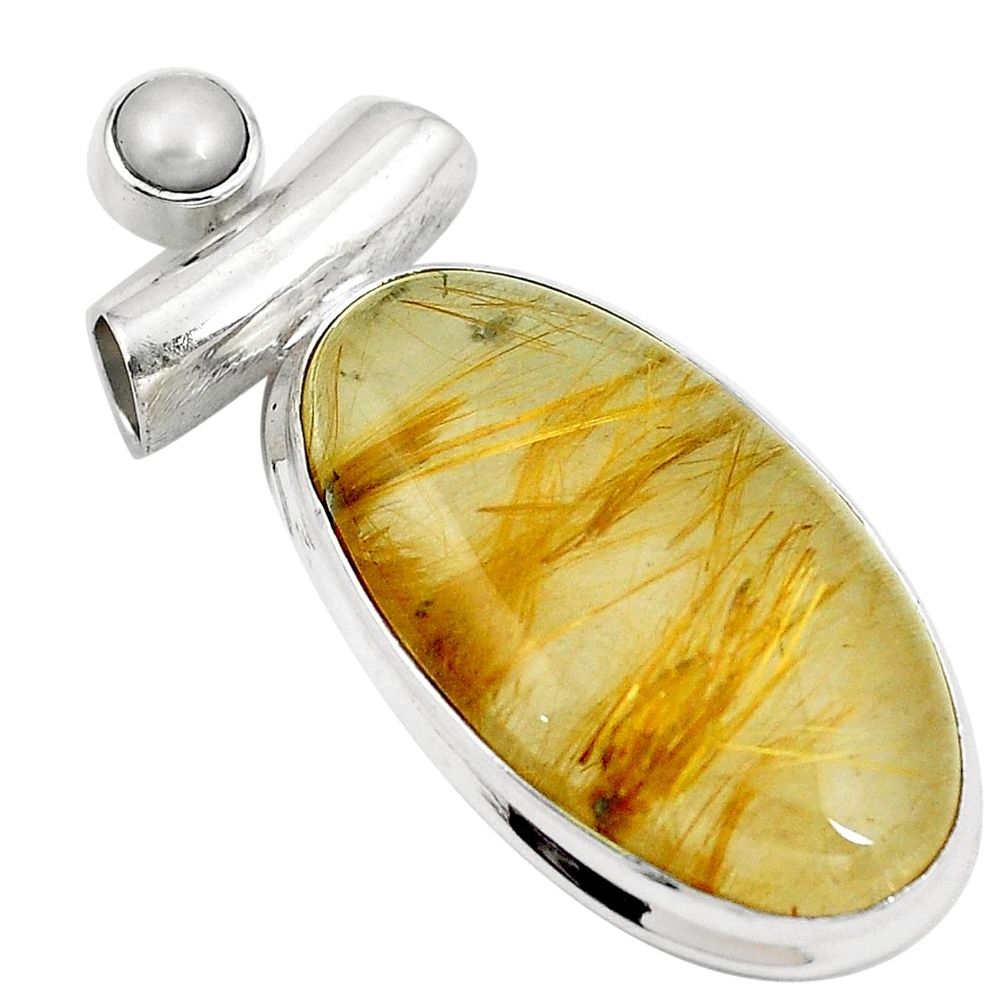 28.30cts natural golden tourmaline rutile pearl 925 silver pendant m68000