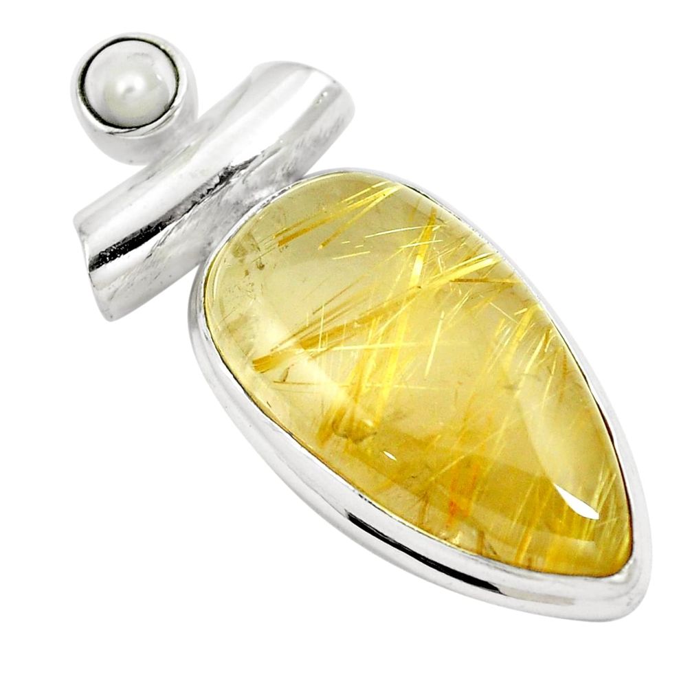 Natural golden tourmaline rutile pearl 925 silver pendant m68242