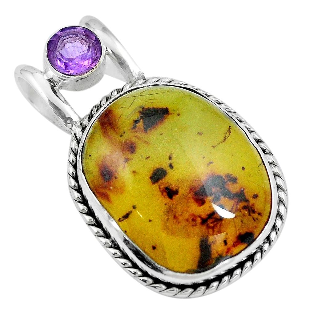 Natural green amber from colombia amethyst 925 silver pendant m68401