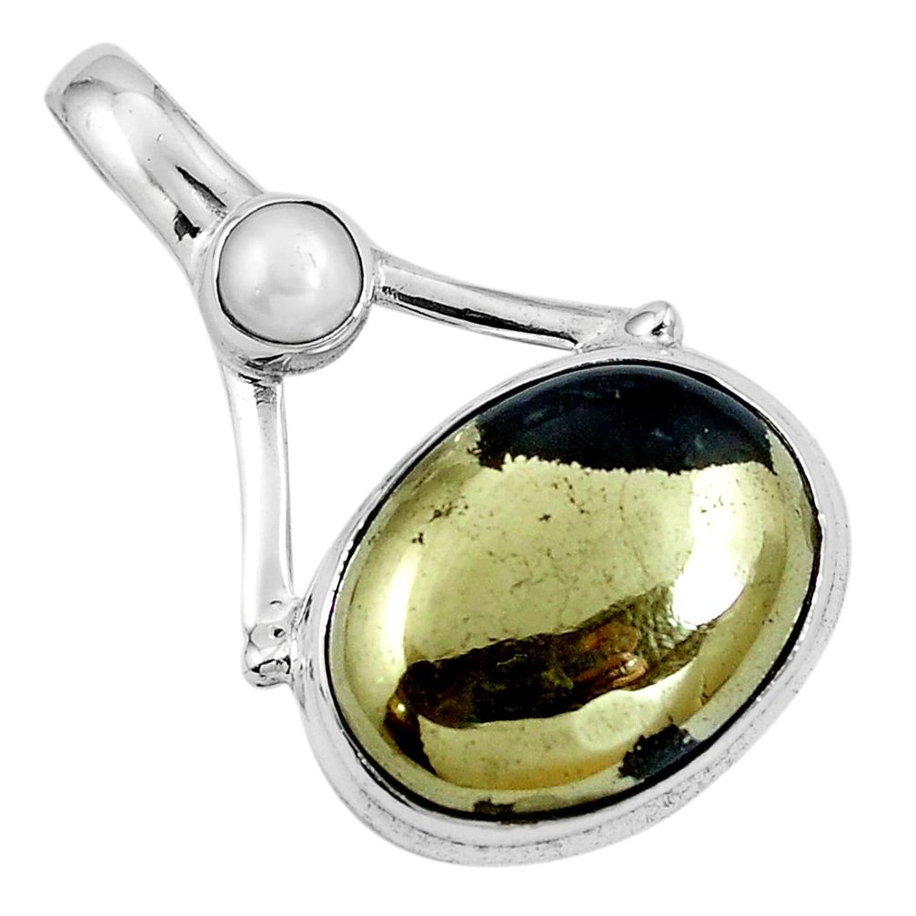 Natural golden pyrite in magnetite (healer's gold) 925 silver pendant m69201