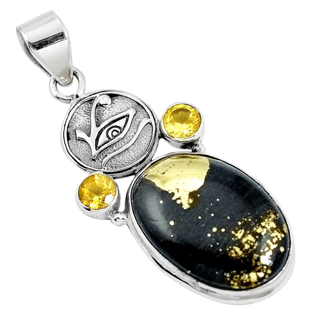 Golden pyrite in magnetite (healer's gold) 925 silver horse eye pendant m69213