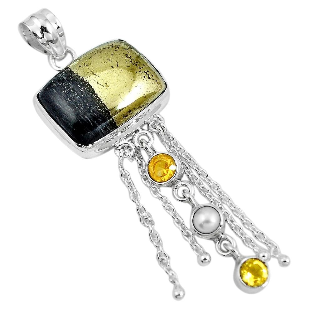 Natural golden pyrite in magnetite (healer's gold) 925 silver pendant m69218