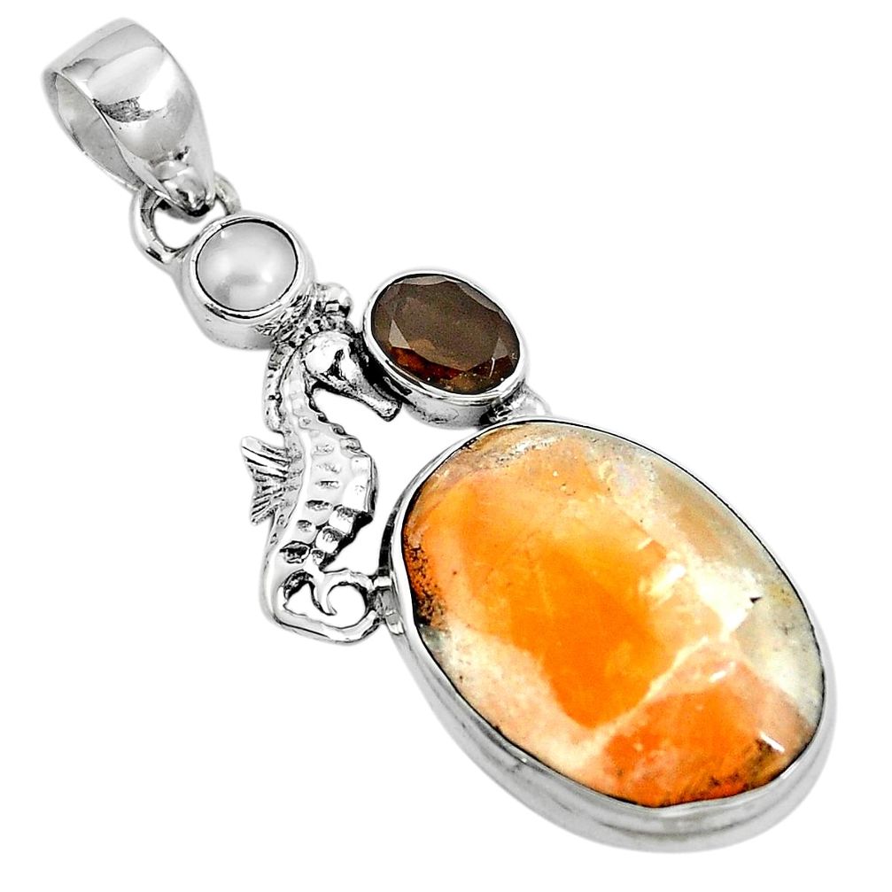 Natural orange calcite smoky topaz 925 silver seahorse pendant m69226