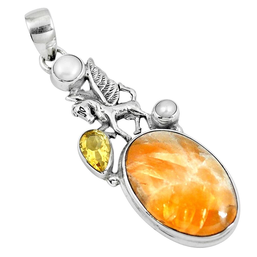 Natural orange calcite citrine 925 silver unicorn pendant jewelry m69237
