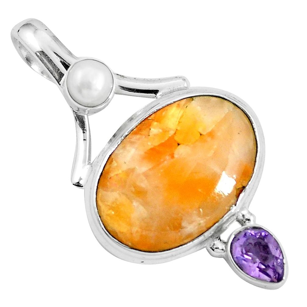 Natural orange calcite amethyst 925 sterling silver pendant m69238