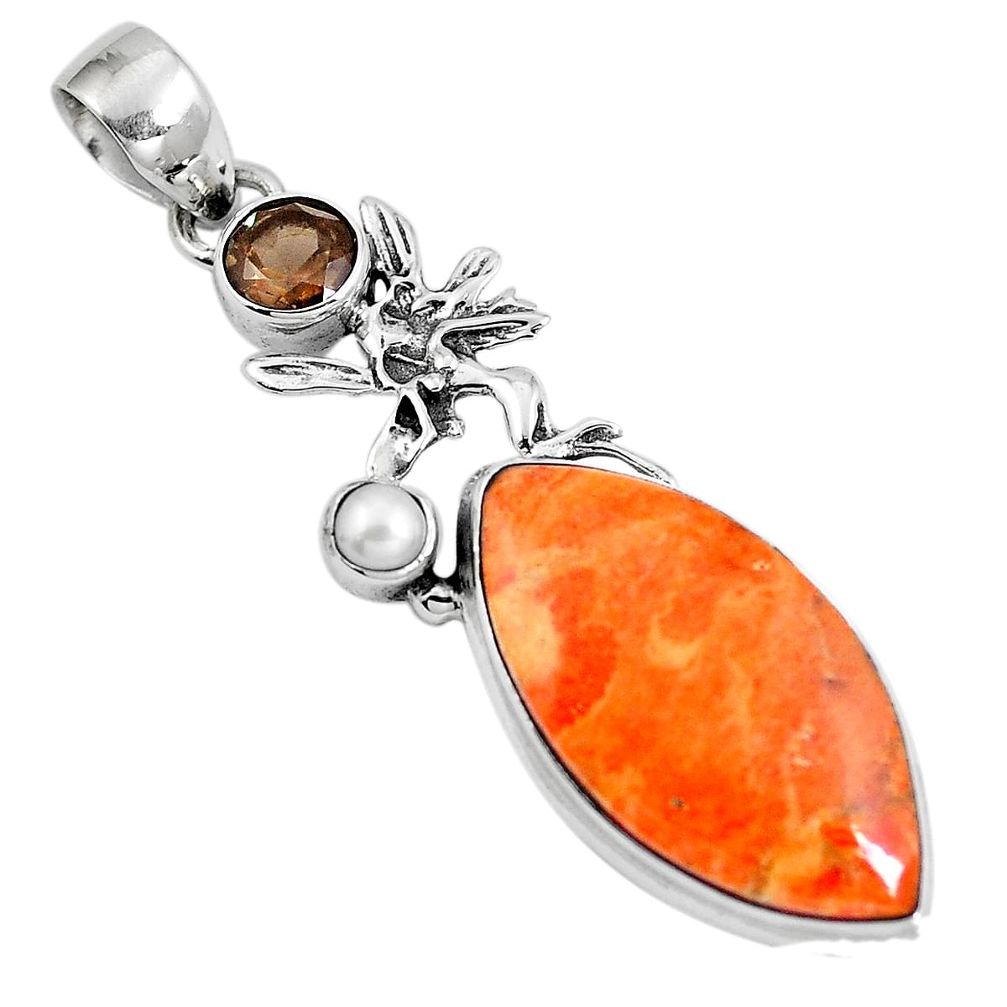 17.45cts natural red sponge coral smoky topaz 925 sterling silver pendant m69258