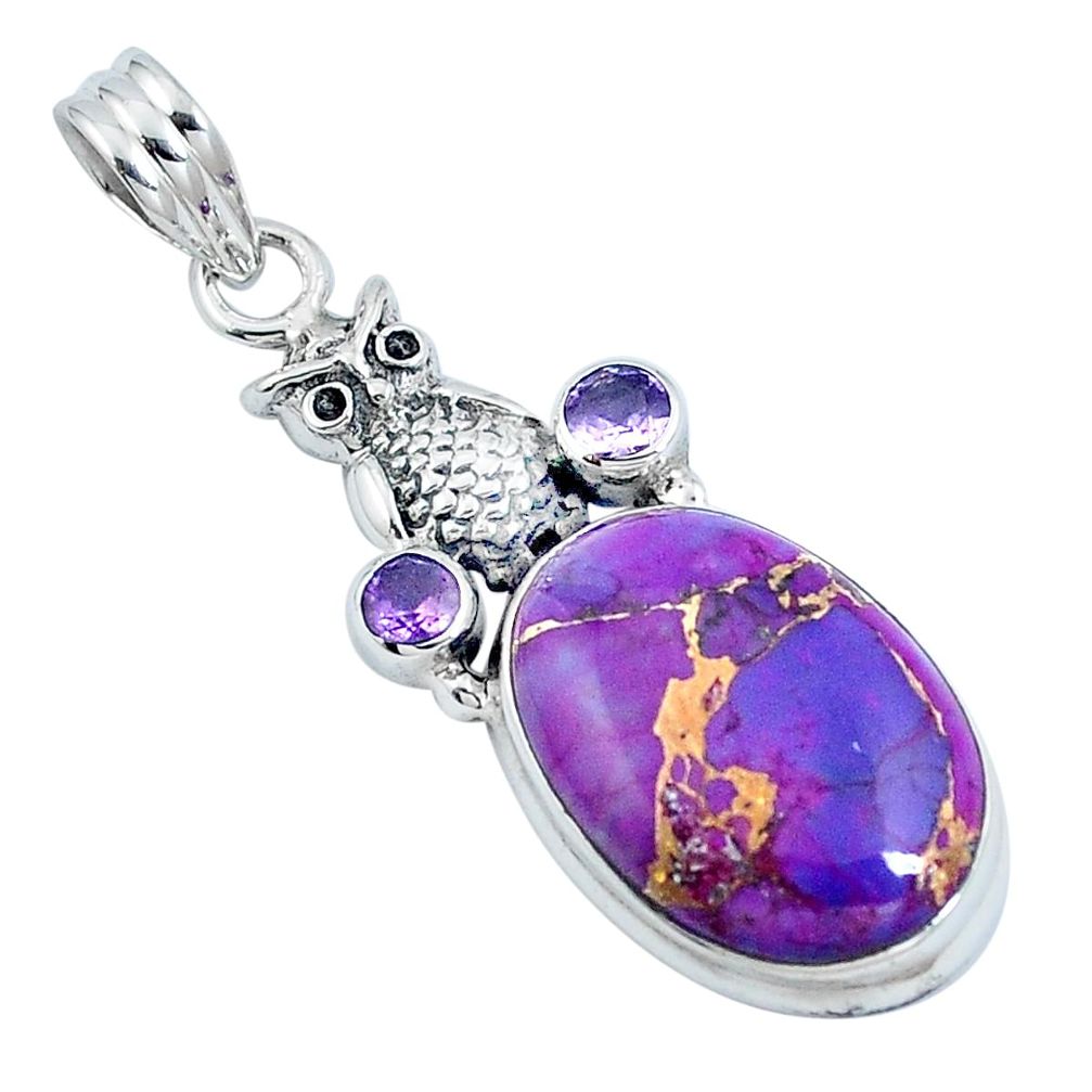 Purple copper turquoise amethyst 925 sterling silver owl pendant m69266