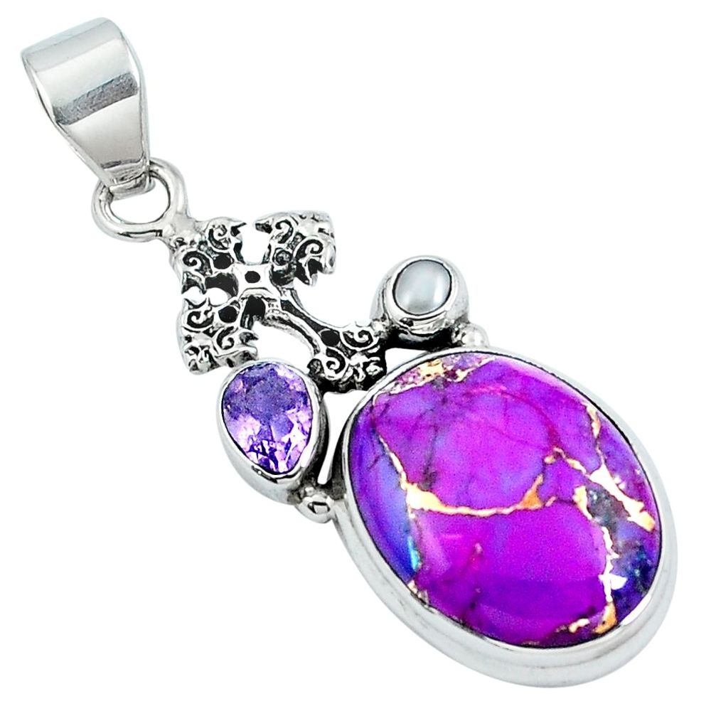 Purple copper turquoise amethyst 925 silver holy cross pendant m69278