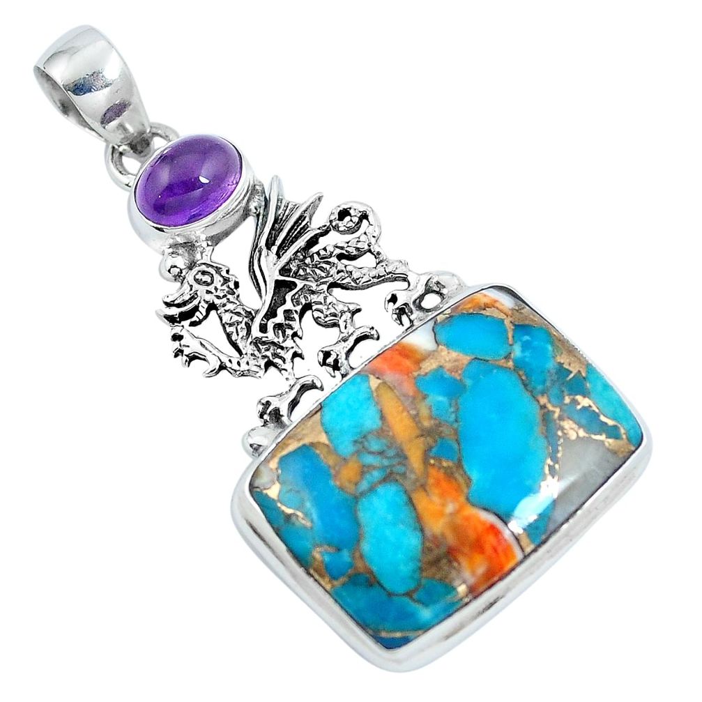 Multi color spiny oyster arizona turquoise 925 silver dragon pendant m69310