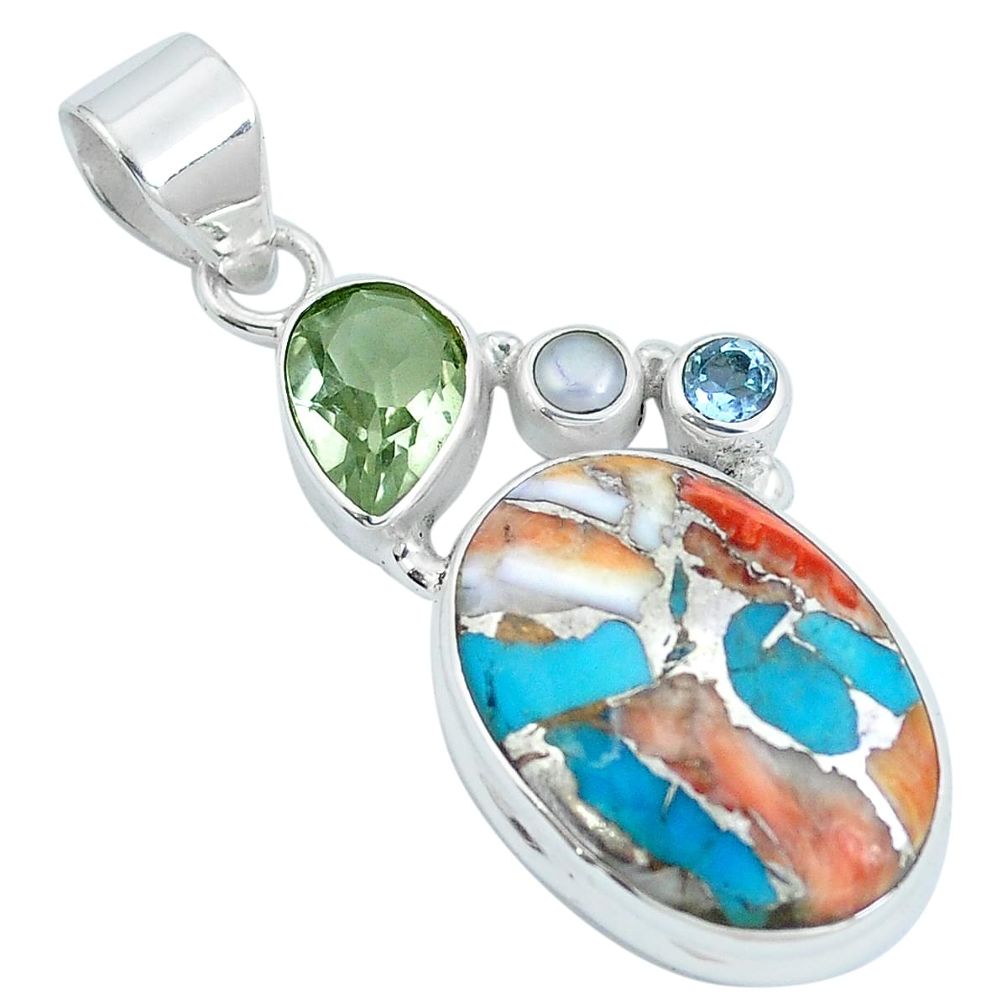 Multi color spiny oyster arizona turquoise 925 silver pendant m69317