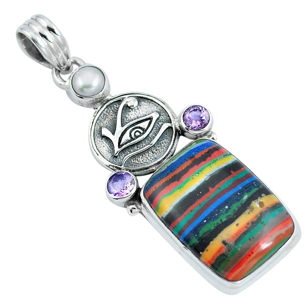 Natural multi color rainbow calsilica 925 silver horse eye pendant m69343