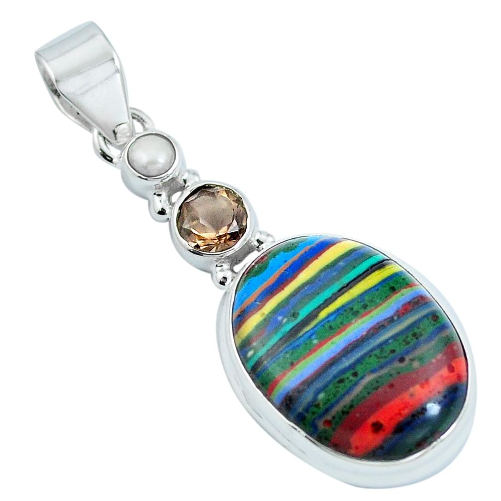 Natural multi color rainbow calsilica 925 silver pendant jewelry m69350