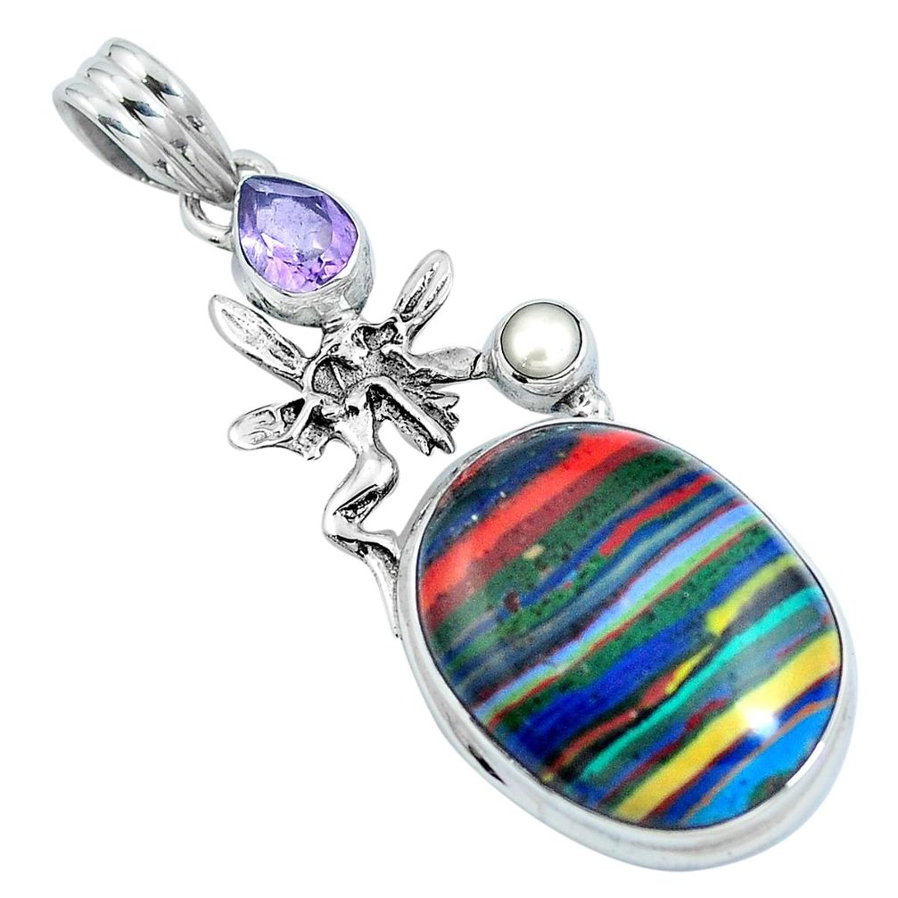 Natural rainbow calsilica 925 silver angel wings fairy pendant m69351