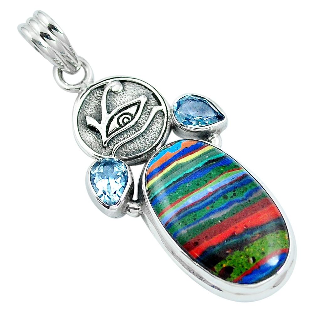 Natural multi color rainbow calsilica topaz 925 silver horse eye pendant m69356