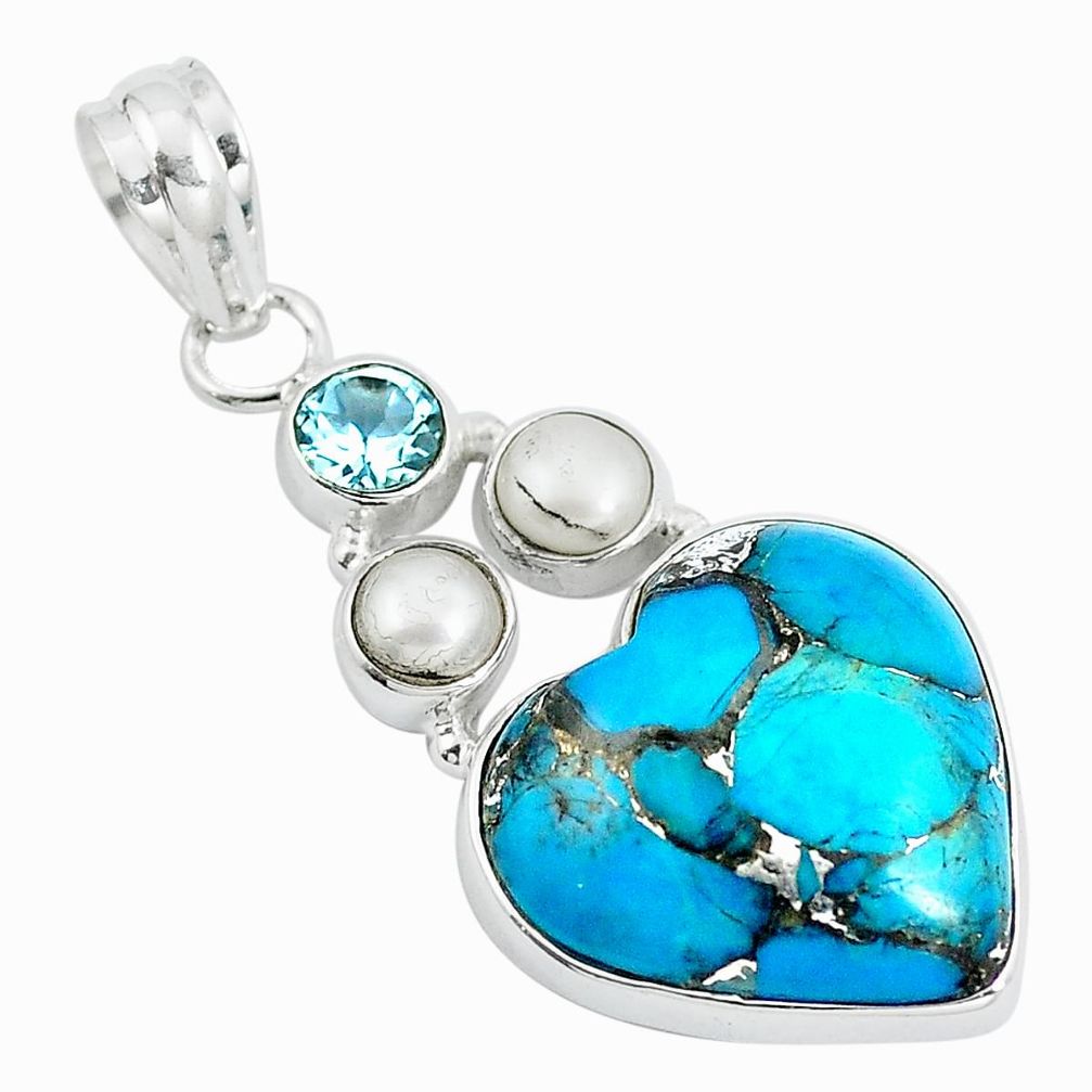 Blue copper turquoise heart topaz 925 sterling silver pendant jewelry m69361