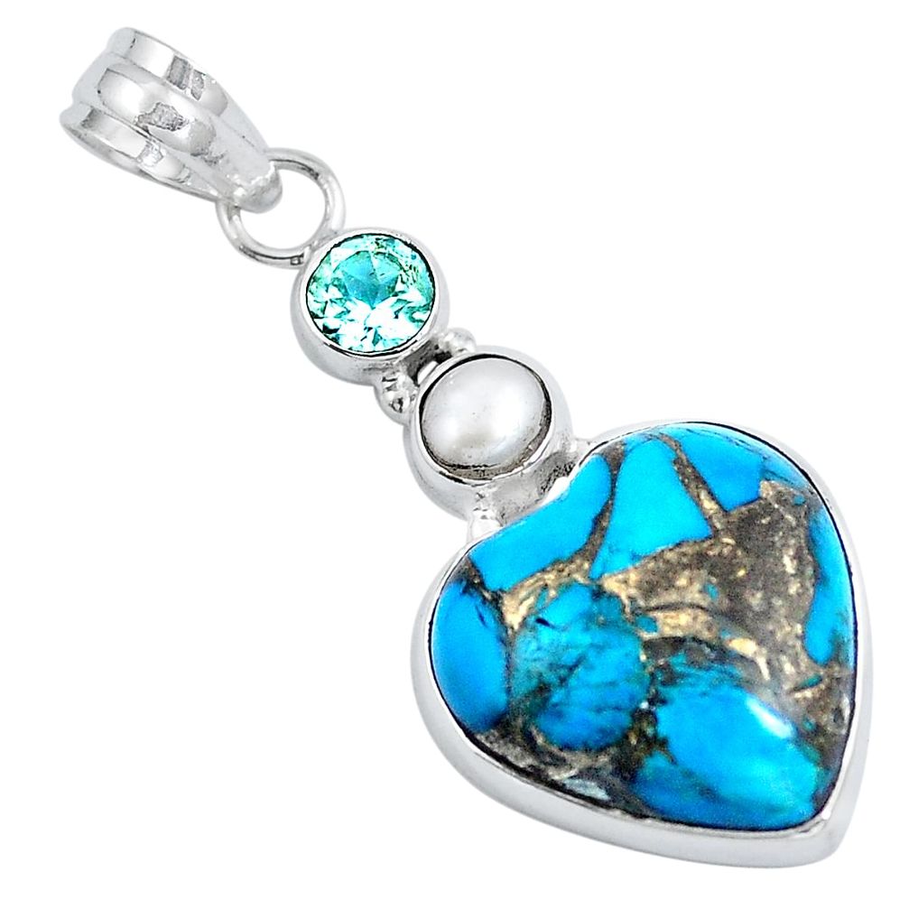 Blue copper turquoise heart topaz 925 sterling silver pendant jewelry m69362