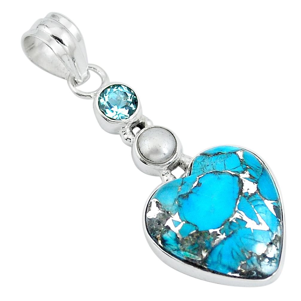 Blue copper turquoise heart topaz 925 sterling silver pendant jewelry m69367