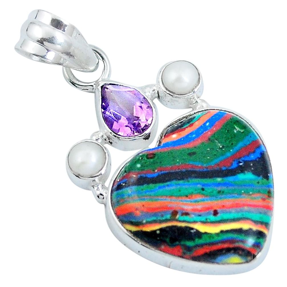 Natural multi color rainbow calsilica heart amethyst 925 silver pendant m69382