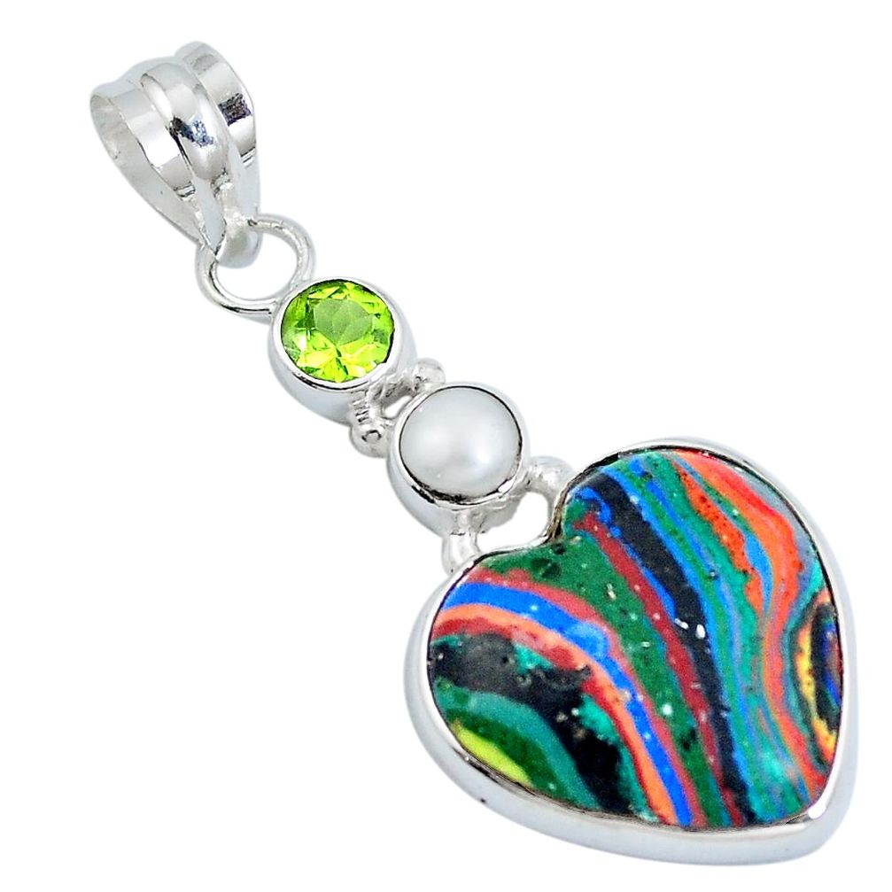 Natural multi color rainbow calsilica heart peridot 925 silver pendant m69385