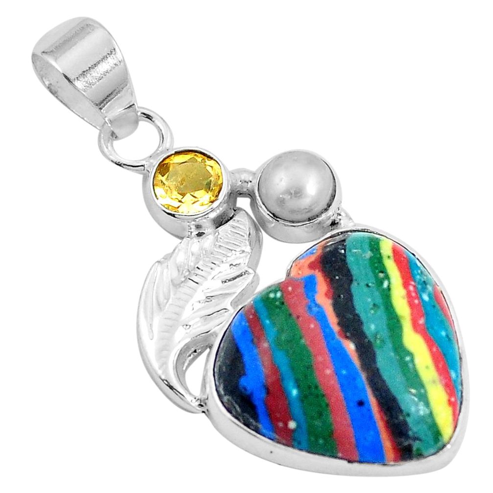 Natural multi color rainbow calsilica 925 silver deltoid leaf pendant m69386