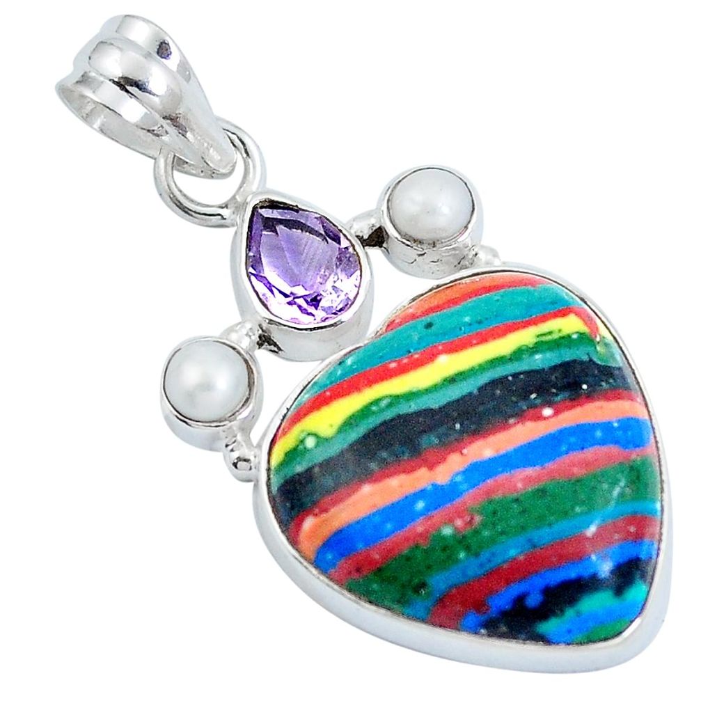 Natural multi color rainbow calsilica heart amethyst 925 silver pendant m69388