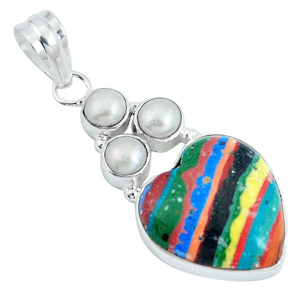 Natural multi color rainbow calsilica heart pearl 925 silver pendant m69392