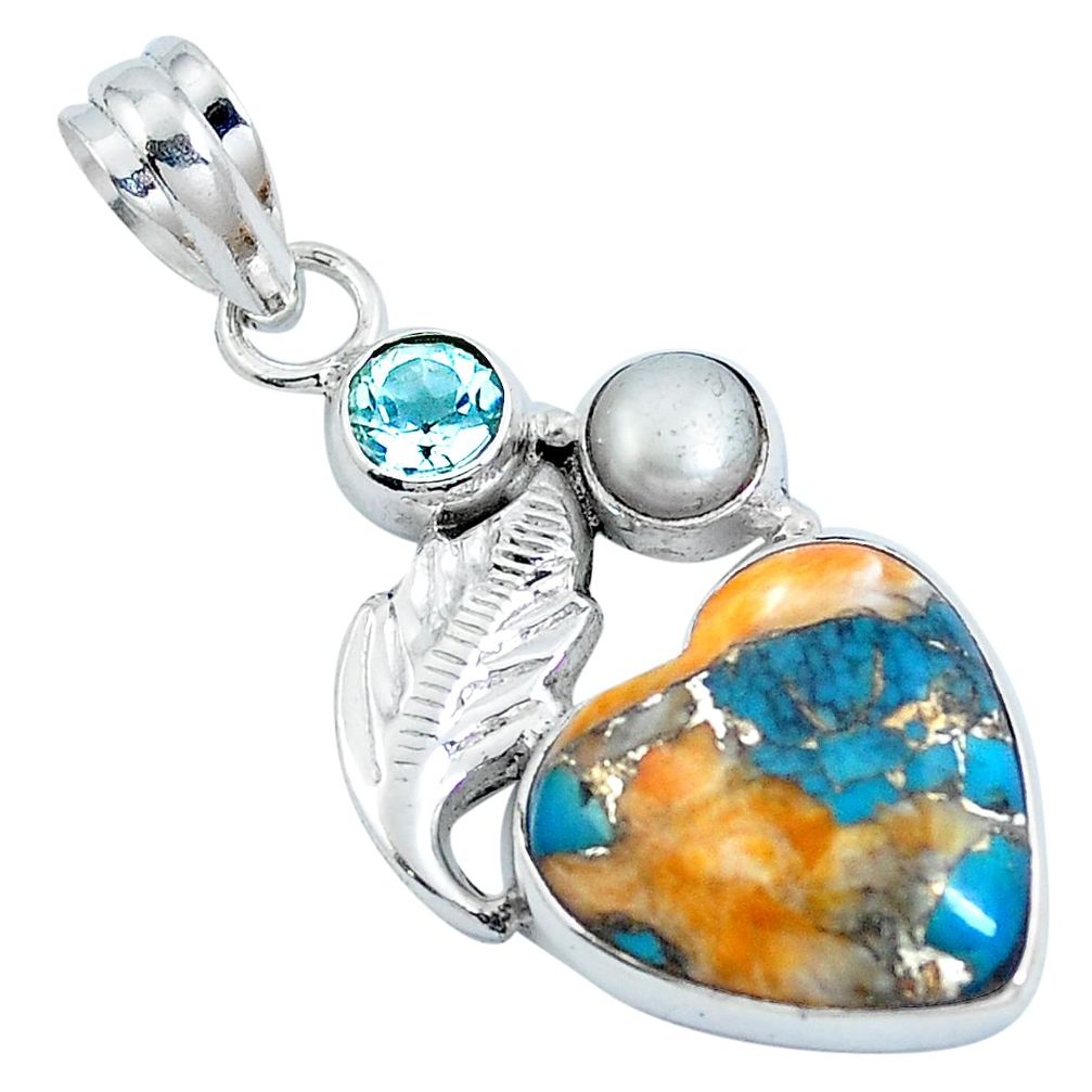 Multi color spiny oyster arizona turquois 925 silver deltoid leaf pendant m69397