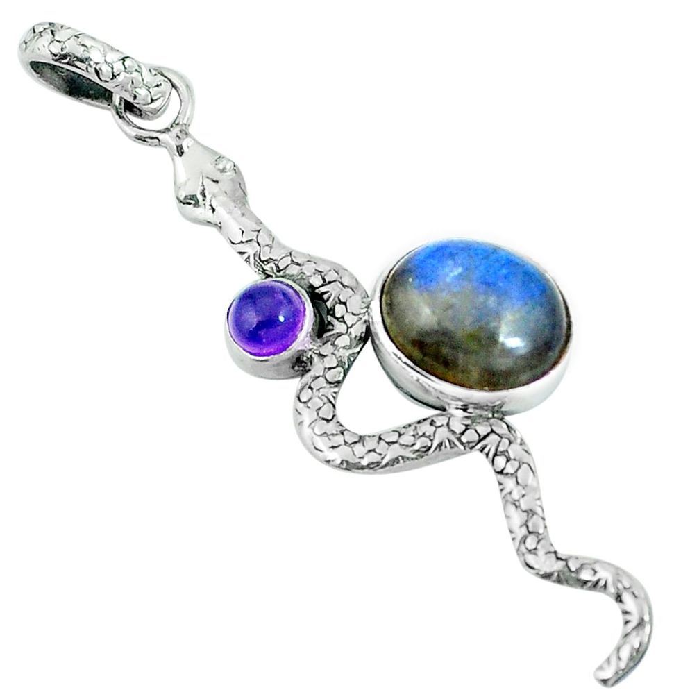 Natural blue labradorite amethyst 925 silver snake pendant m69465