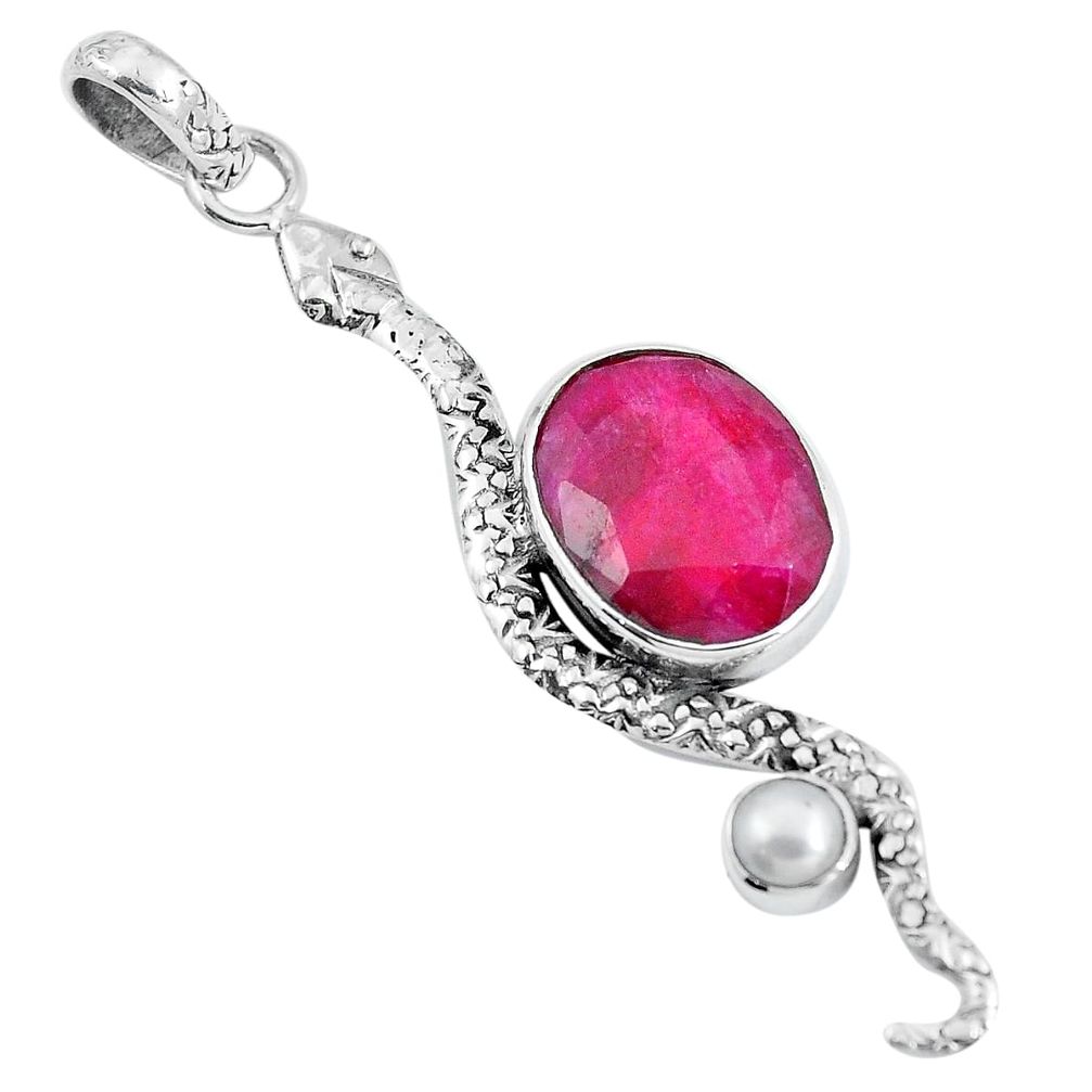 Natural red ruby pearl 925 sterling silver snake pendant jewelry m69491