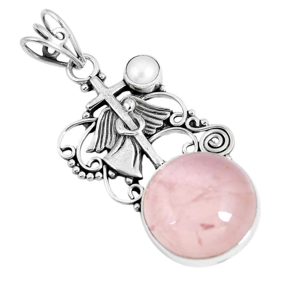 Natural pink rose quartz pearl 925 silver holy cross pendant m69770