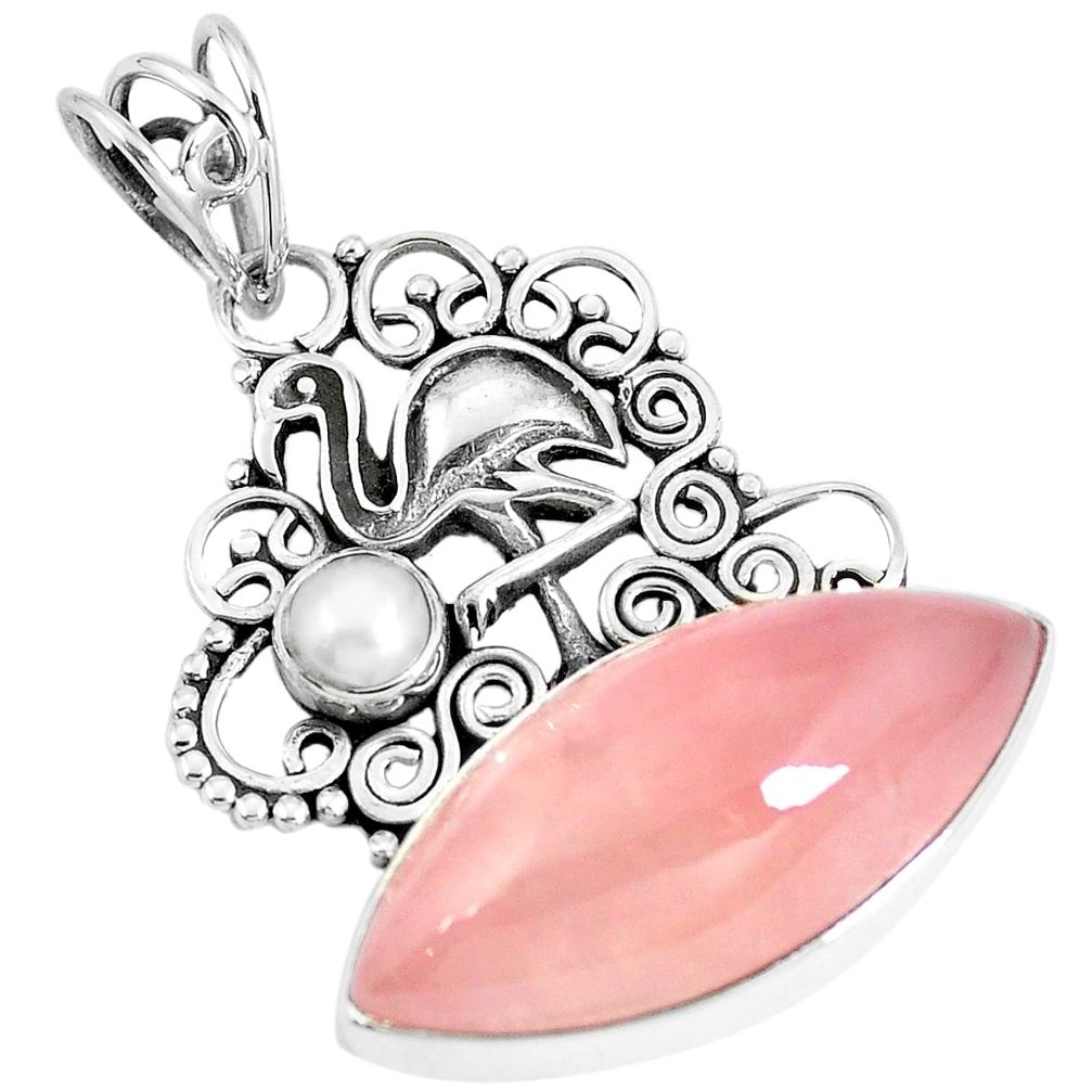 Natural pink rose quartz pearl 925 sterling silver flamingo charm pendant m69777