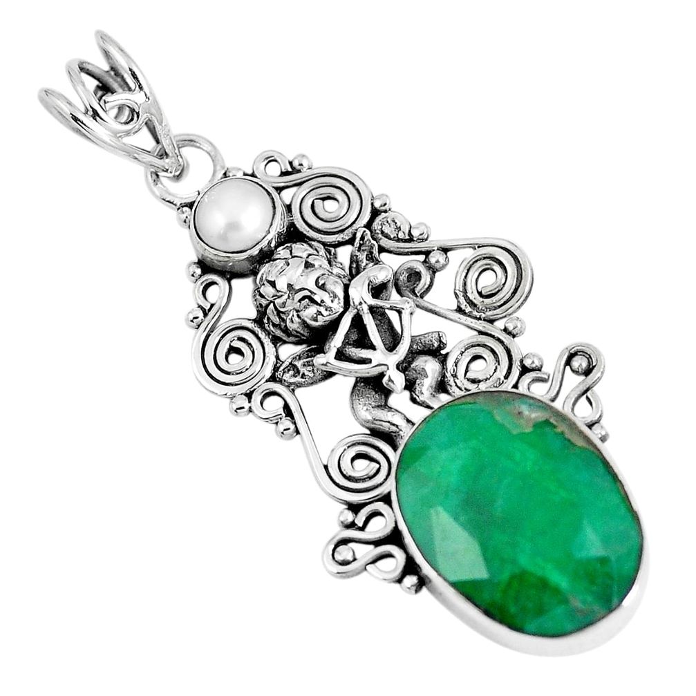 Natural green emerald pearl 925 silver cupid angel wings pendant m69791