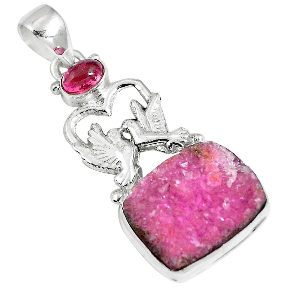 Natural pink cobalt druzy 925 silver love birds pendant jewelry m70134