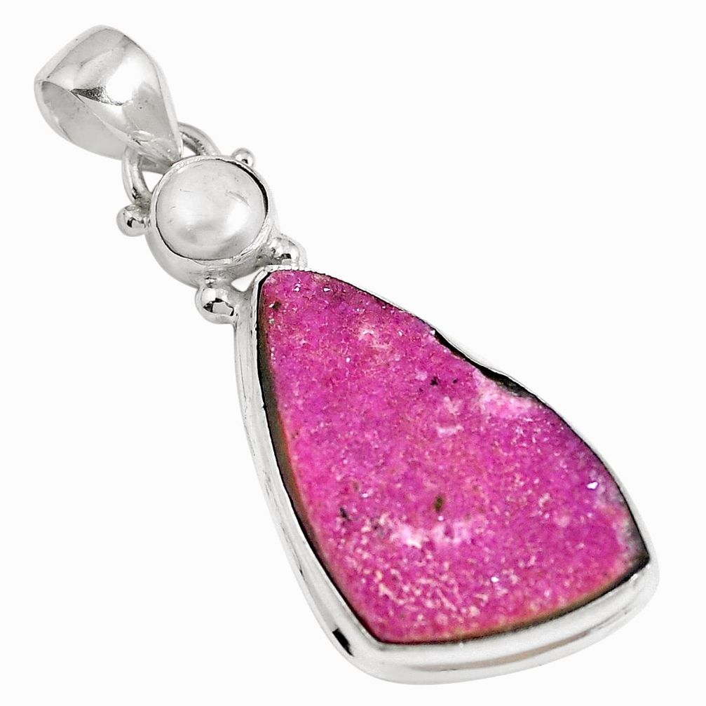 Natural pink cobalt druzy white pearl 925 sterling silver pendant m70136