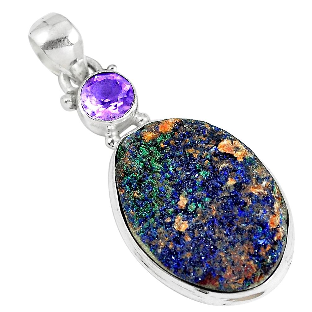 Natural blue azurite malachite druzy amethyst 925 silver pendant m70153