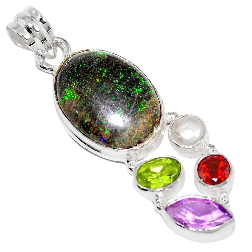 Natural black honduran matrix opal amethyst pearl 925 silver pendant m70361