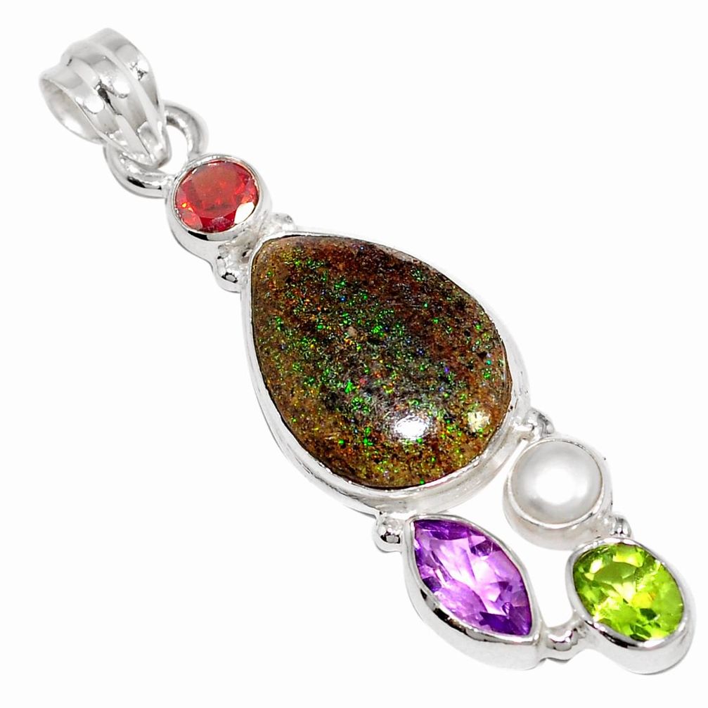 Natural black honduran matrix opal amethyst peridot 925 silver pendant m70363