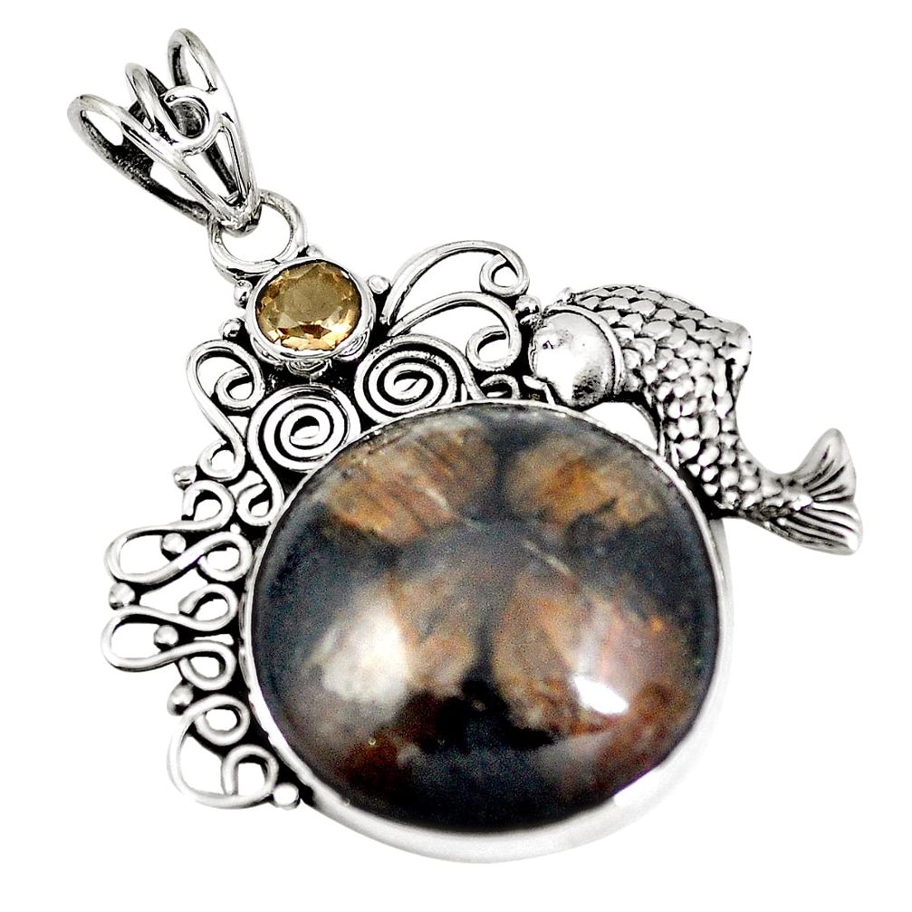 925 silver natural brown chiastolite smoky topaz fish charm pendant m70650