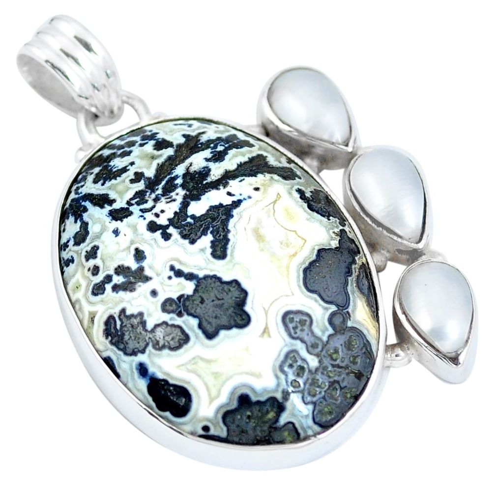 925 silver natural black feather medicine bow agate pearl pendant m70686