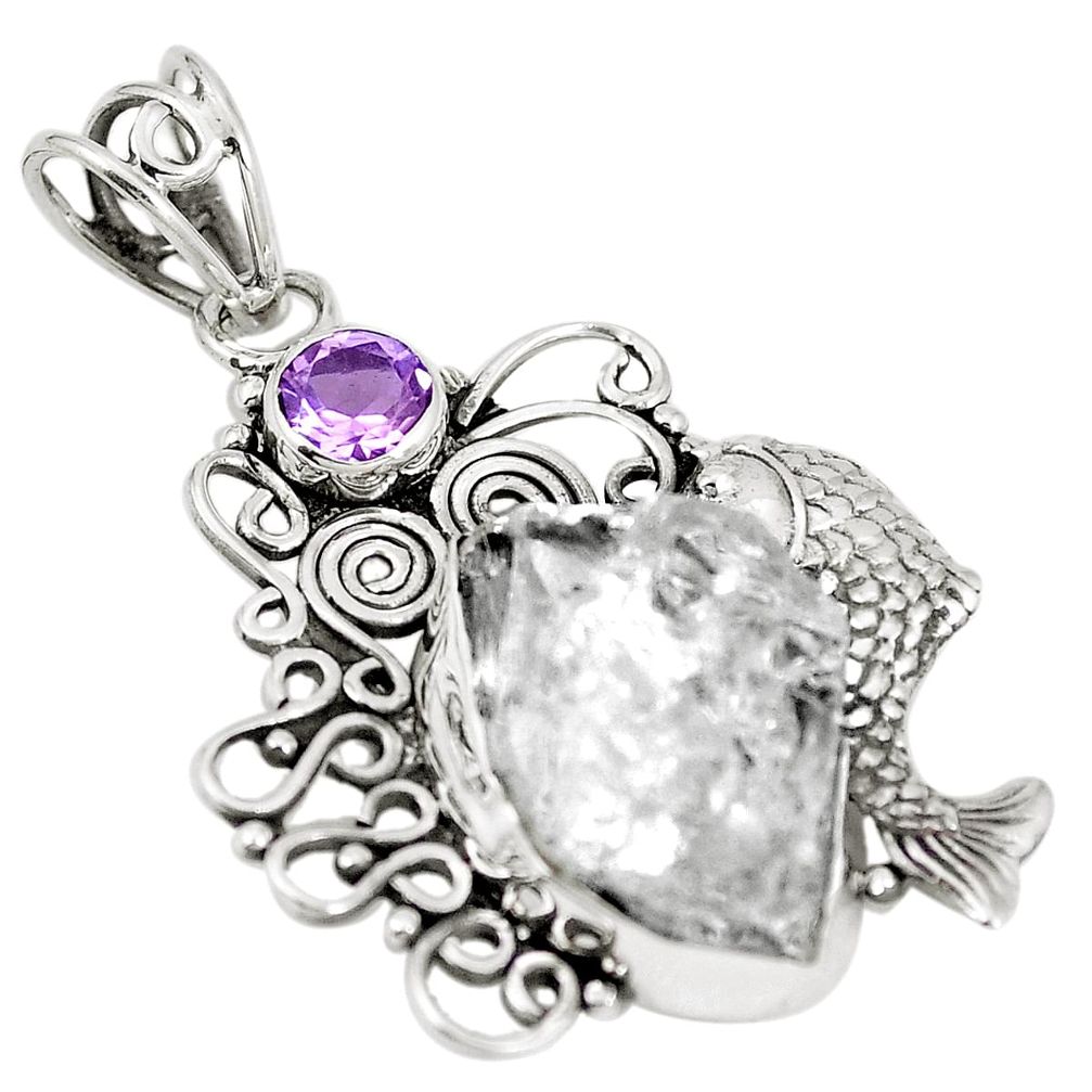 Natural white herkimer diamond amethyst 925 silver fish pendant m70712