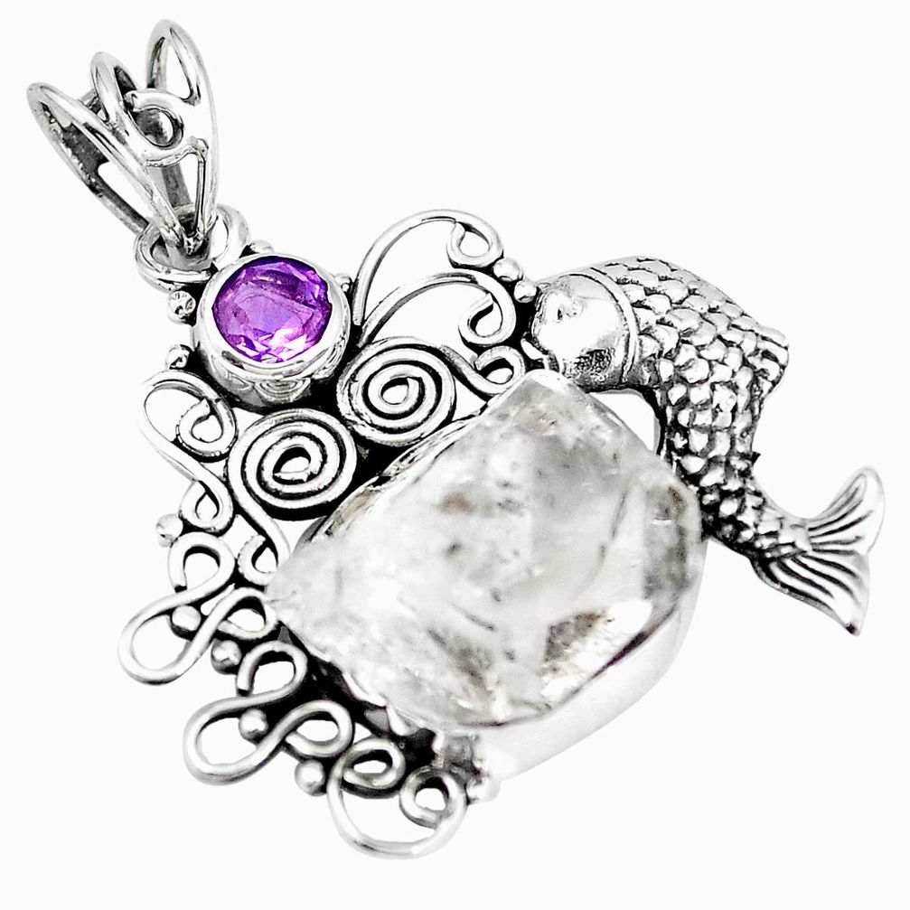 Natural white herkimer diamond amethyst 925 silver fish pendant m70719