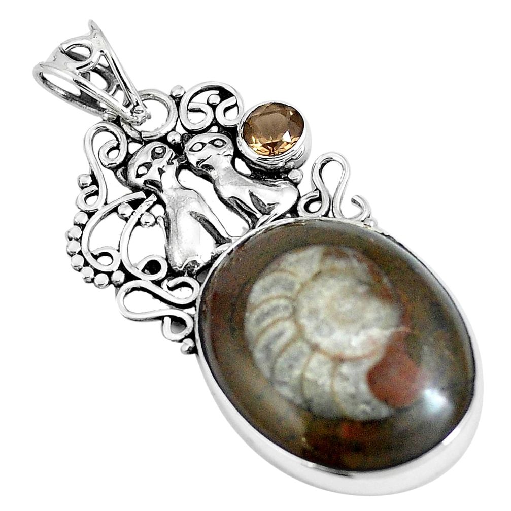 Natural brown ammonite fossil 925 silver two cats pendant jewelry m71121