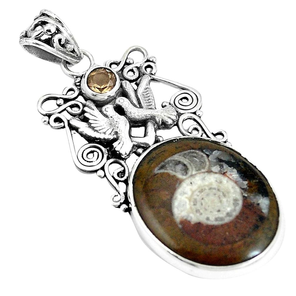 925 silver natural brown ammonite fossil love birds pendant jewelry m71124