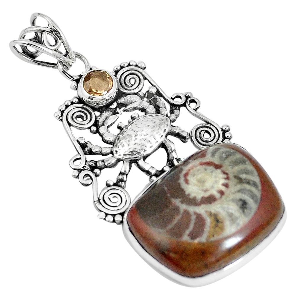 Natural brown ammonite fossil 925 silver crab pendant jewelry m71127